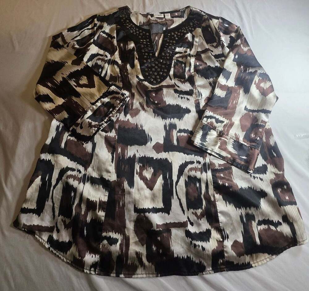 Cato Abstract Print Studded V-Neck Long Sleeve Tunic Top Size 10